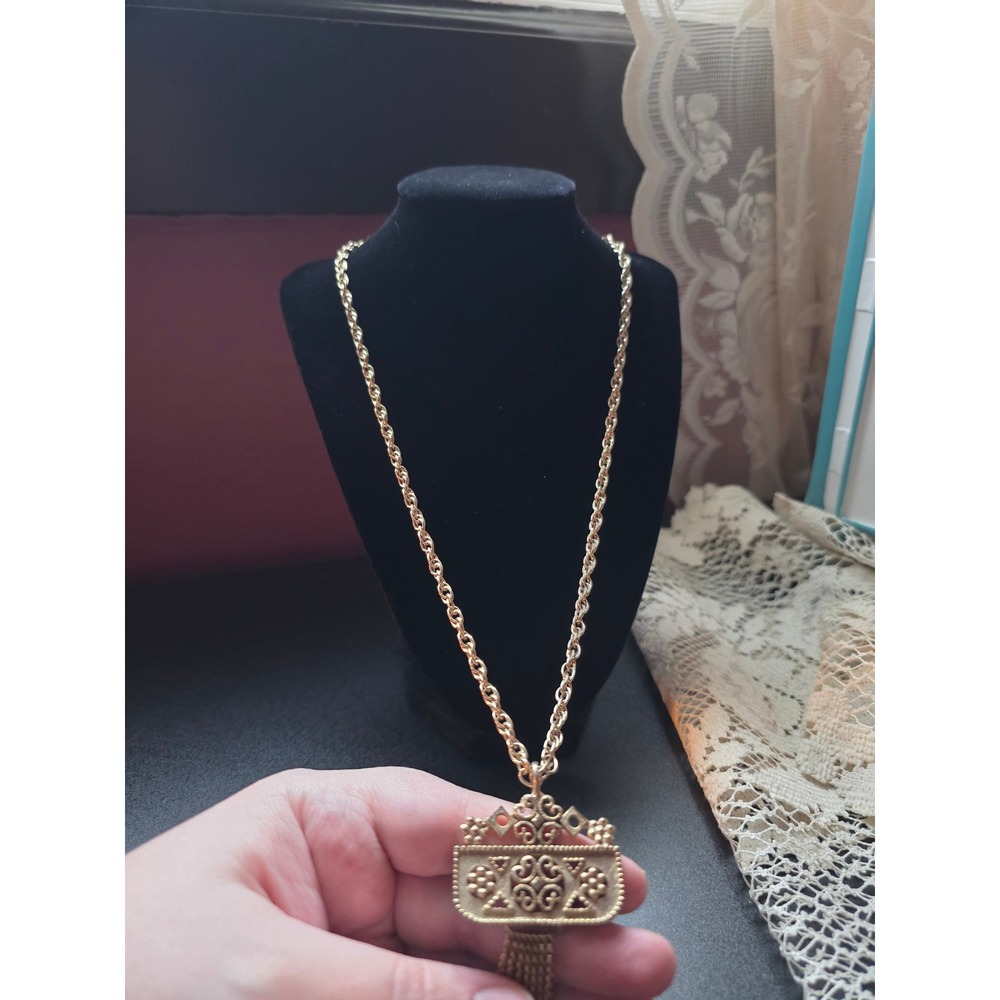 Vintage Trifari Etruscan Gold Tone Filigree Tassel Pendant Rope Chain Necklace - Picture 4 of 5